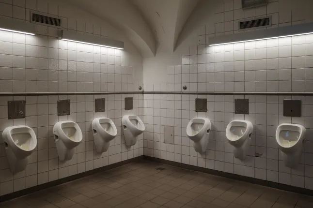 Valge plaaditud seinte ja pissuaaridega avalik tualettruum